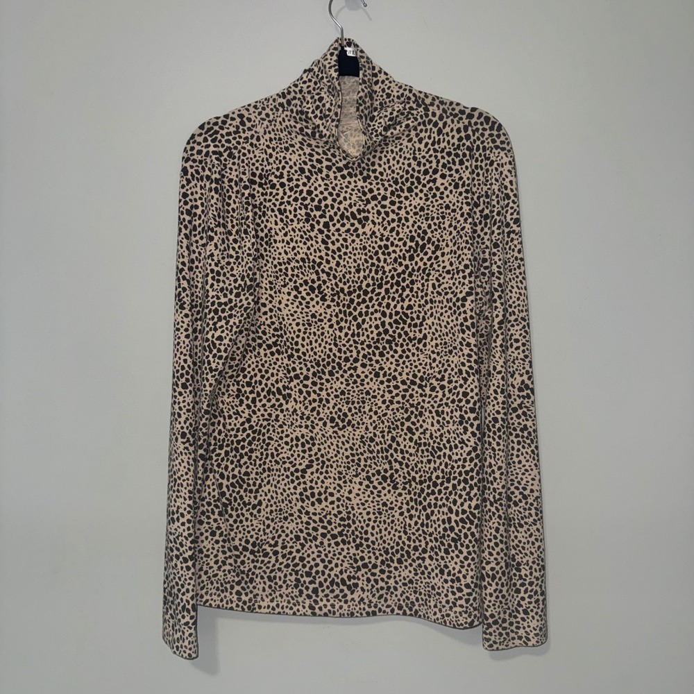 APRLL Womens XL Cheetah Animal Print Turtleneck Long Sleeve Top Tan Black Jersey
